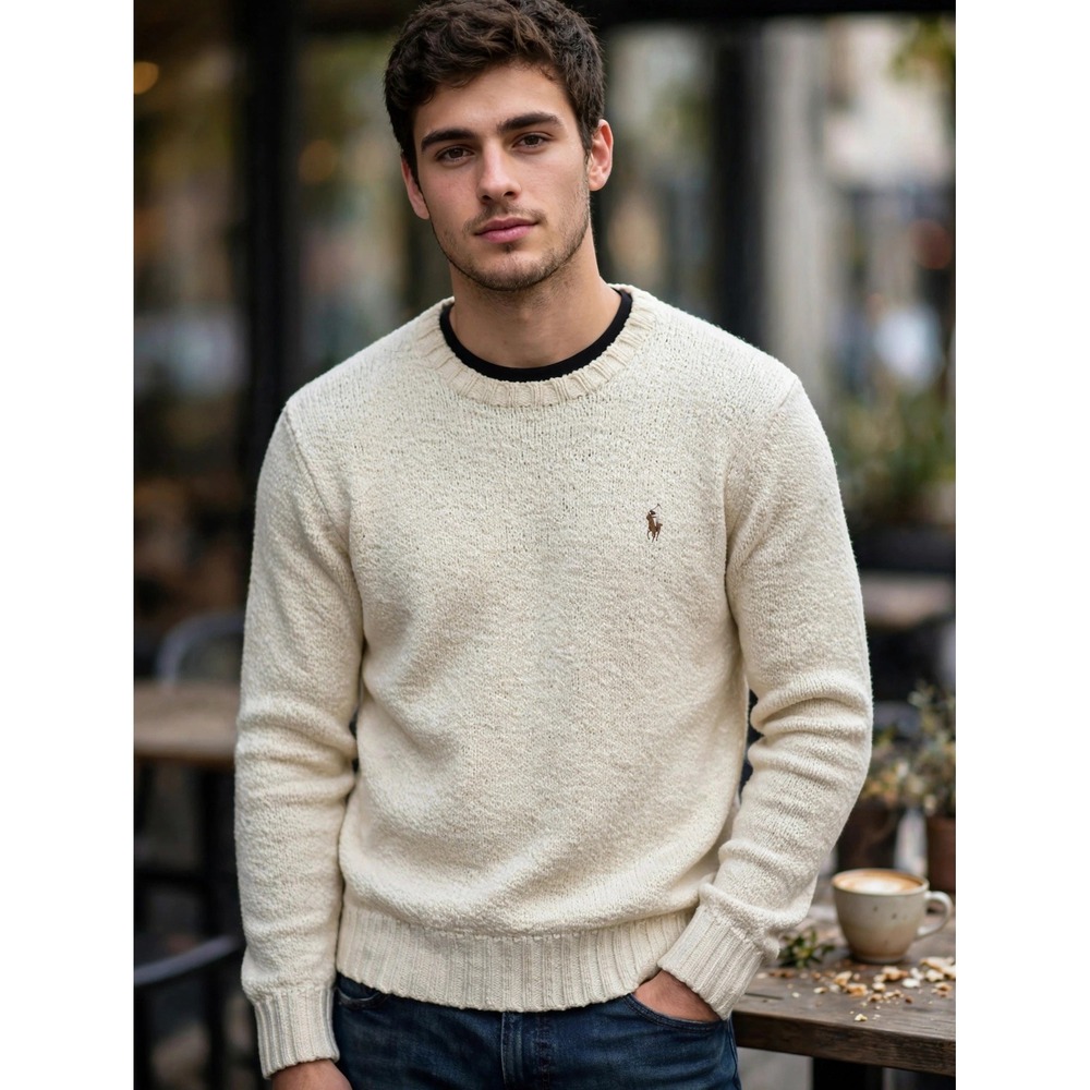 Polo Ralph Lauren Mens Cream Cotton Wool Blend Textured Crewneck Sweater Small